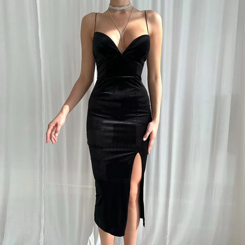 New Summer Female Spice Girls Halter Deep V sexy Slimming dress Party dress side slit velvet skirt