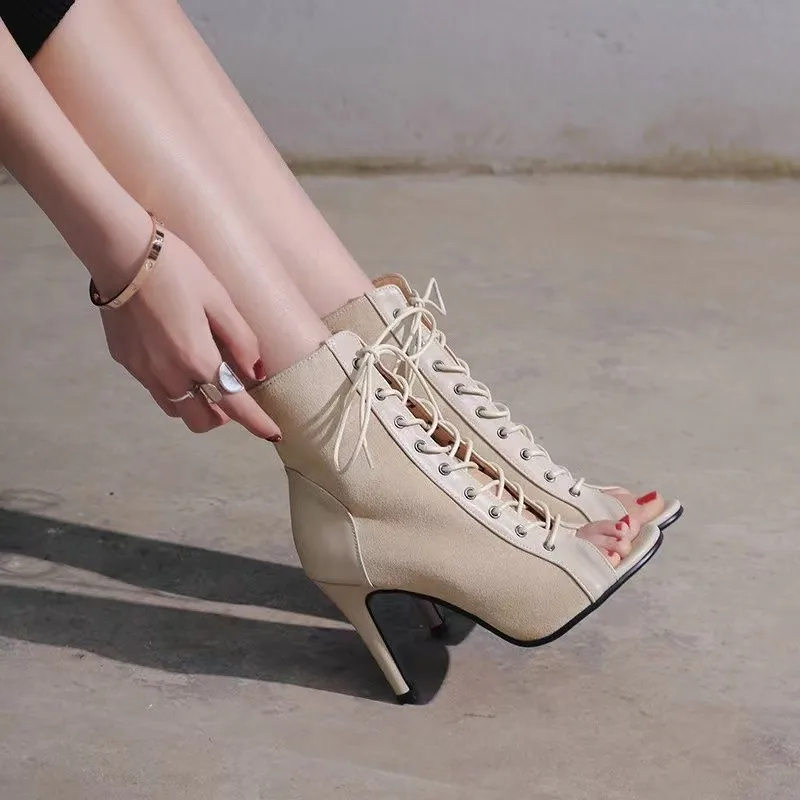 New Summer Shoes Thin Heels ANKLE Boots Women  Lace-up Peep Toe Shoes Solid Womens Designer Boots Hollow Sexy Boots High Heel - Image 4