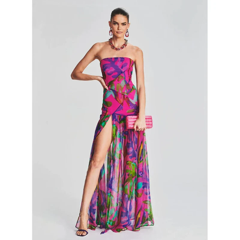 New Summer Tube Top Fashion Print Mid Length Long Length Casual and Comfortable Party Dinner Toast Name Gentle Dress - Image 2