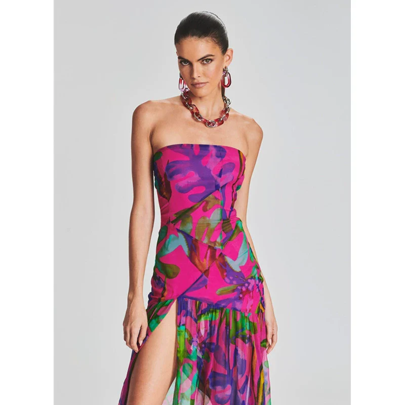 New Summer Tube Top Fashion Print Mid Length Long Length Casual and Comfortable Party Dinner Toast Name Gentle Dress - Image 3