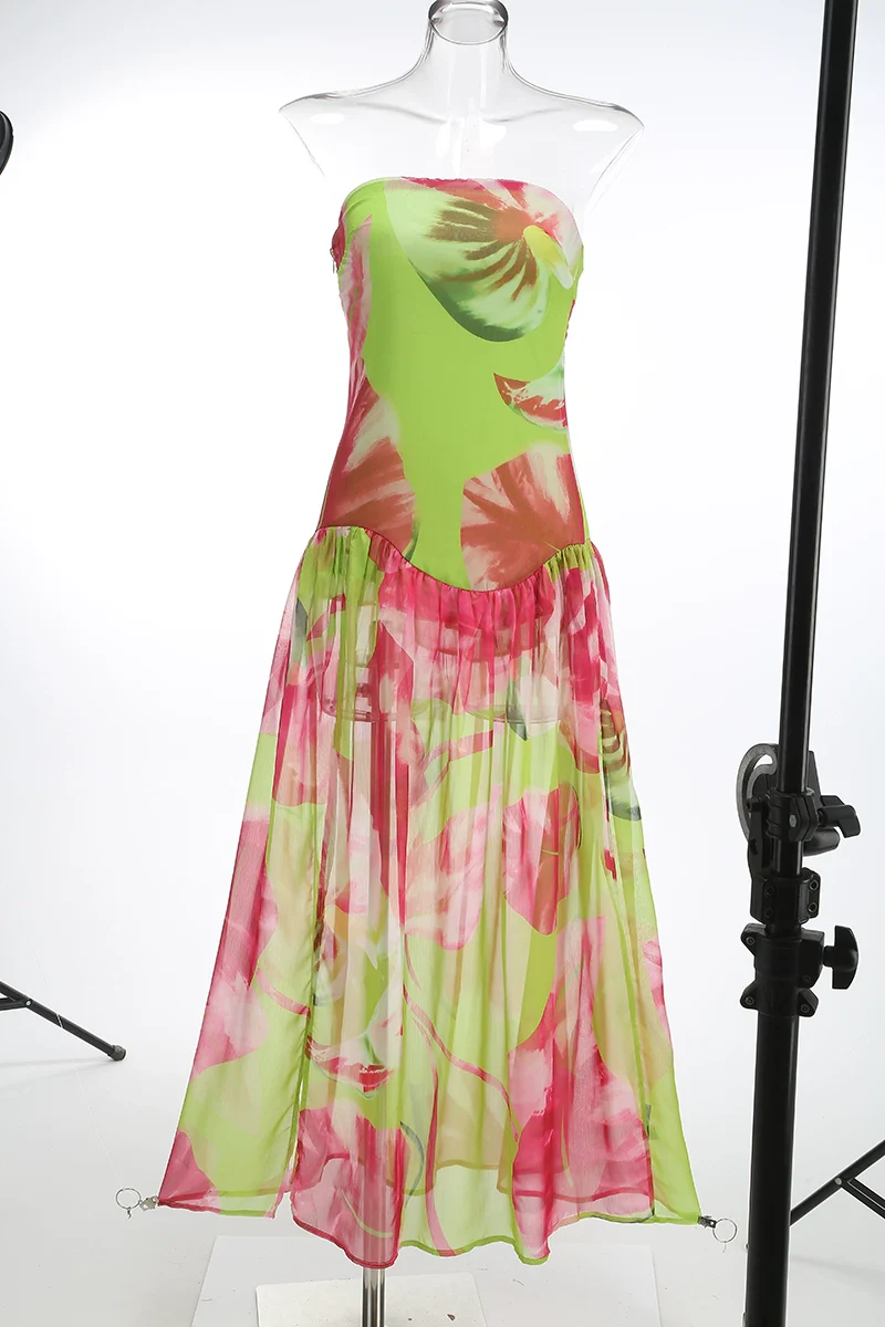 New Summer Tube Top Fashion Print Mid Length Long Length Casual and Comfortable Party Dinner Toast Name Gentle Dress - Image 7