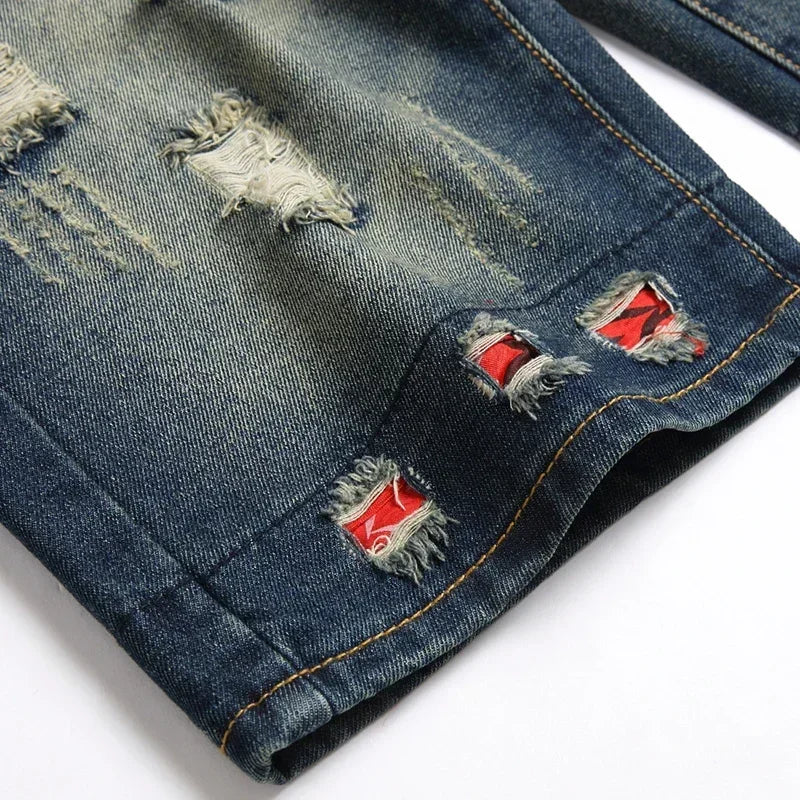 New Summer Vintage Washed Men Denim Shorts Casual Fashion Street Wear Ripped Hole Patches Distressed Male Straight Jeans Shorts - Image 6