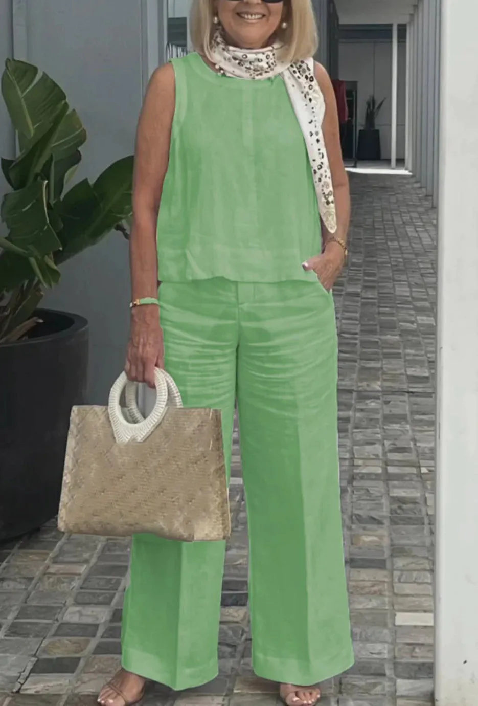 New Summer Women's Suit Sleeveless Top Wide Leg Trousers Two Piece Set Fashion Casual Solid Holiday 2 Piece Set Women Clothes - Image 11