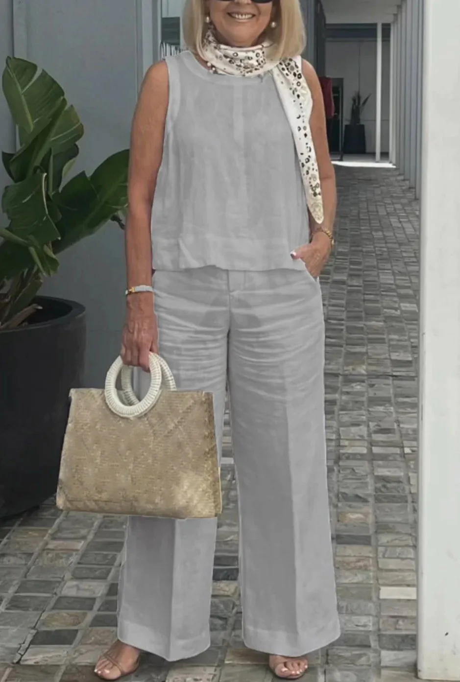 New Summer Women's Suit Sleeveless Top Wide Leg Trousers Two Piece Set Fashion Casual Solid Holiday 2 Piece Set Women Clothes - Image 14