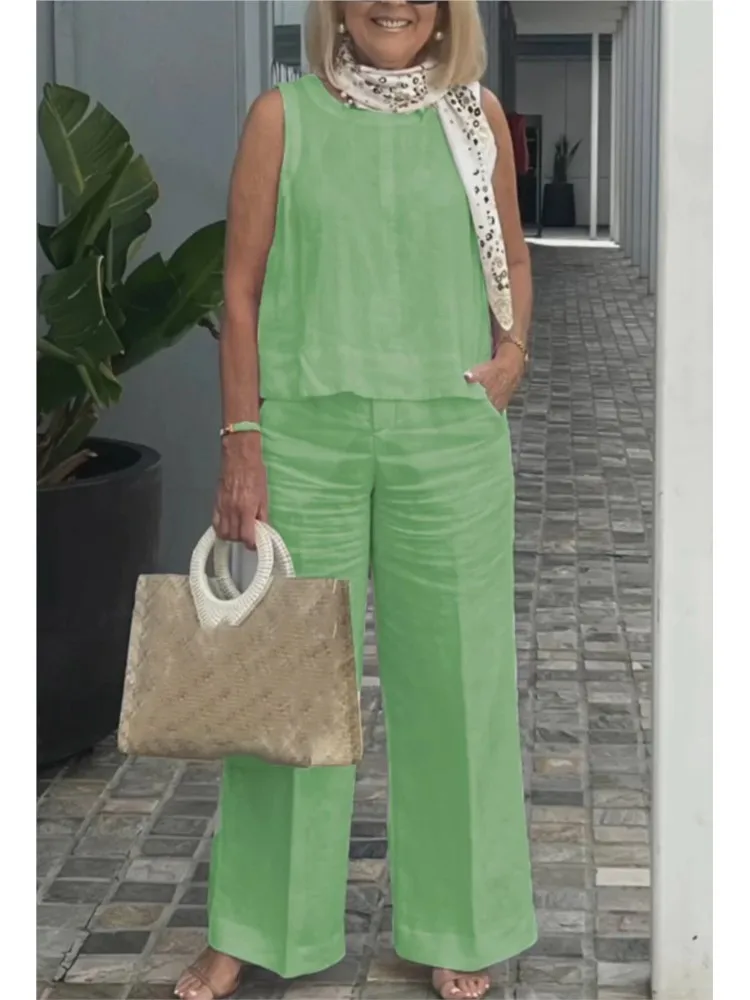 New Summer Women's Suit Sleeveless Top Wide Leg Trousers Two Piece Set Fashion Casual Solid Holiday 2 Piece Set Women Clothes - Image 3