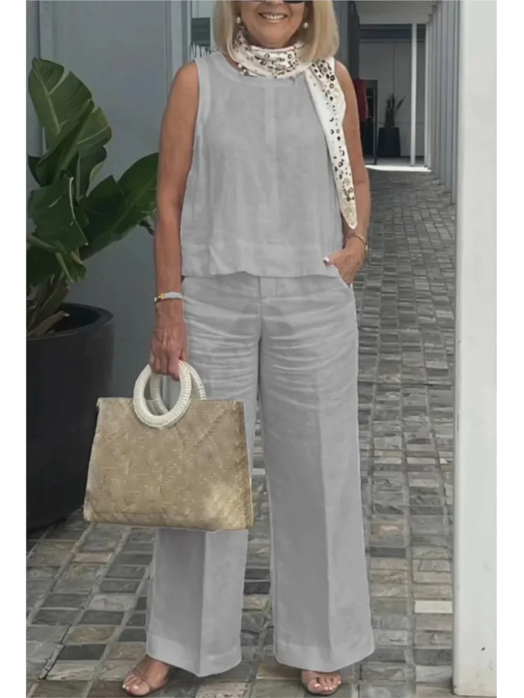New Summer Women's Suit Sleeveless Top Wide Leg Trousers Two Piece Set Fashion Casual Solid Holiday 2 Piece Set Women Clothes - Image 4
