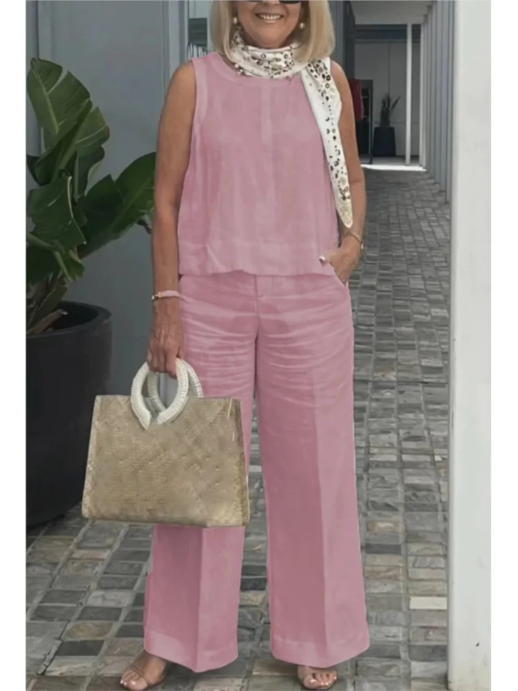 New Summer Women's Suit Sleeveless Top Wide Leg Trousers Two Piece Set Fashion Casual Solid Holiday 2 Piece Set Women Clothes - Image 5