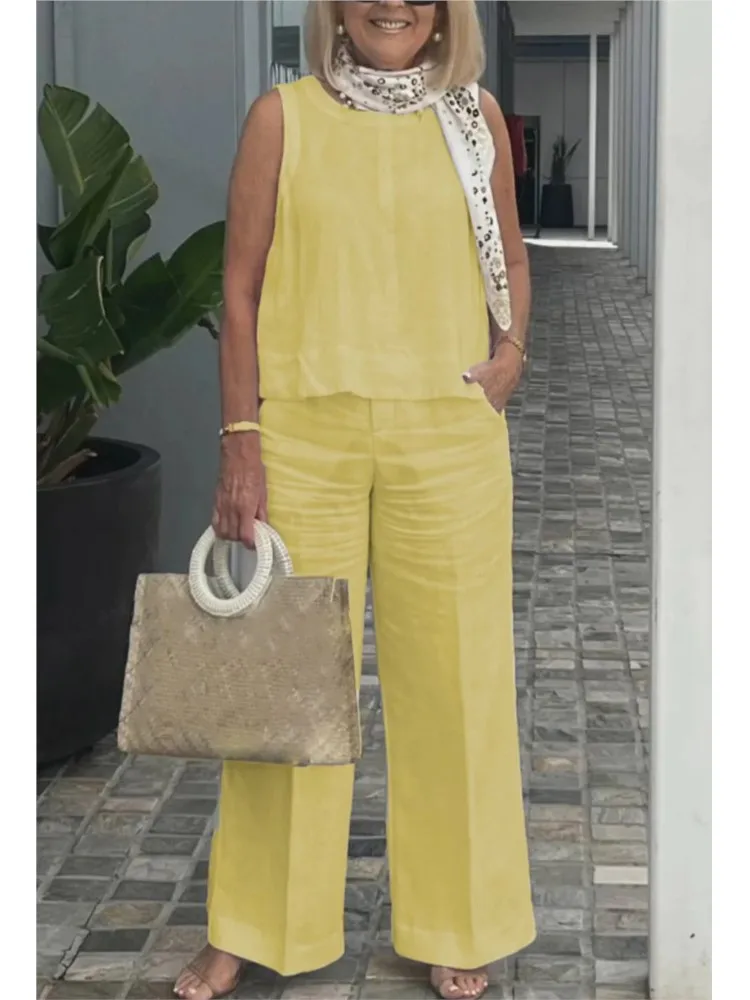 New Summer Women's Suit Sleeveless Top Wide Leg Trousers Two Piece Set Fashion Casual Solid Holiday 2 Piece Set Women Clothes - Image 6