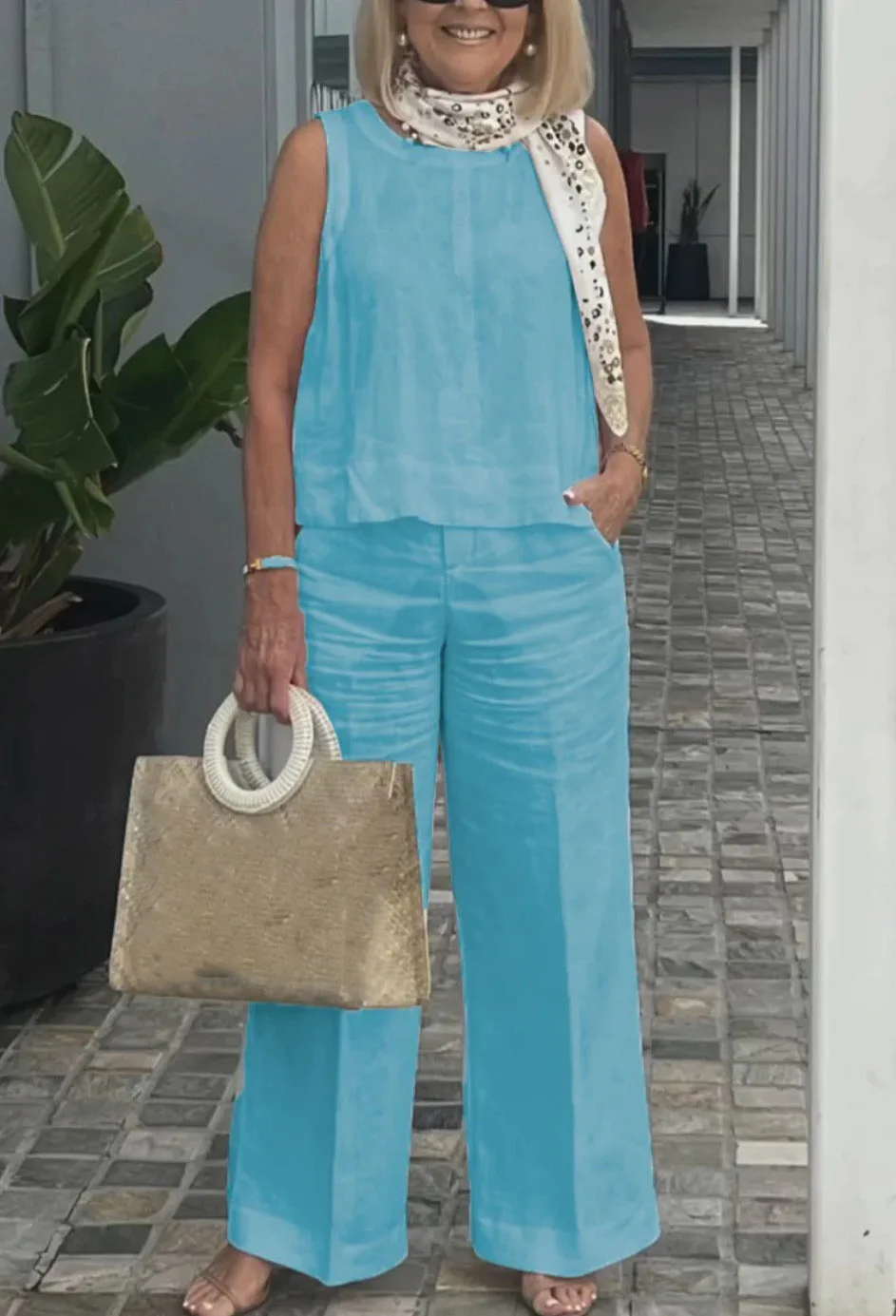 New Summer Women's Suit Sleeveless Top Wide Leg Trousers Two Piece Set Fashion Casual Solid Holiday 2 Piece Set Women Clothes - Image 7