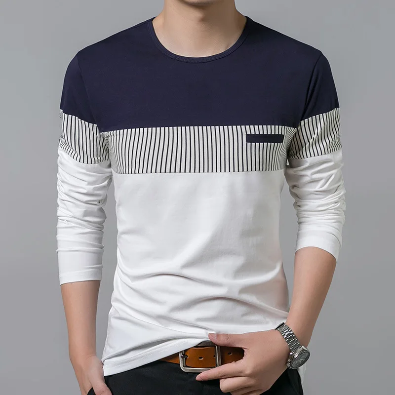 New T Shirt Men Cotton Long Sleeve O Neck Striped Mens TShirts Fashion Patchwork Causal Slim Fit T Shirt Man Brand Men Clothing - Image 3