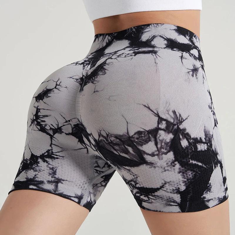 New Tie Dye Yoga Shorts Women's Sports Outdoor Running Yoga Fitness Pants Comfortable High Waist Elastic Tight Yoga Pants - Image 2
