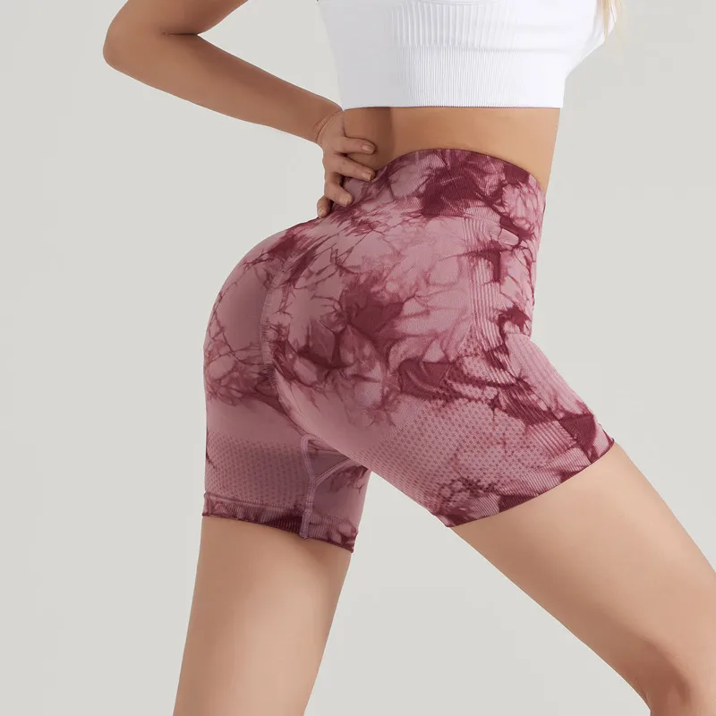 New Tie Dye Yoga Shorts Women's Sports Outdoor Running Yoga Fitness Pants Comfortable High Waist Elastic Tight Yoga Pants - Image 3