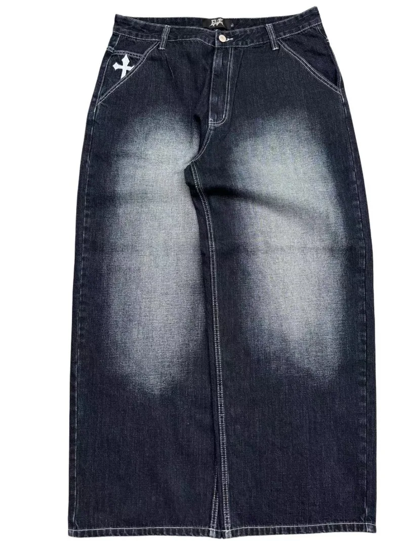 New Vintage Washed Embroidered Jeans Trend Hip Hop Men Y2k Straight Leg Wide Leg Pants Couple Trend Casual Loose Street Pants - Image 2