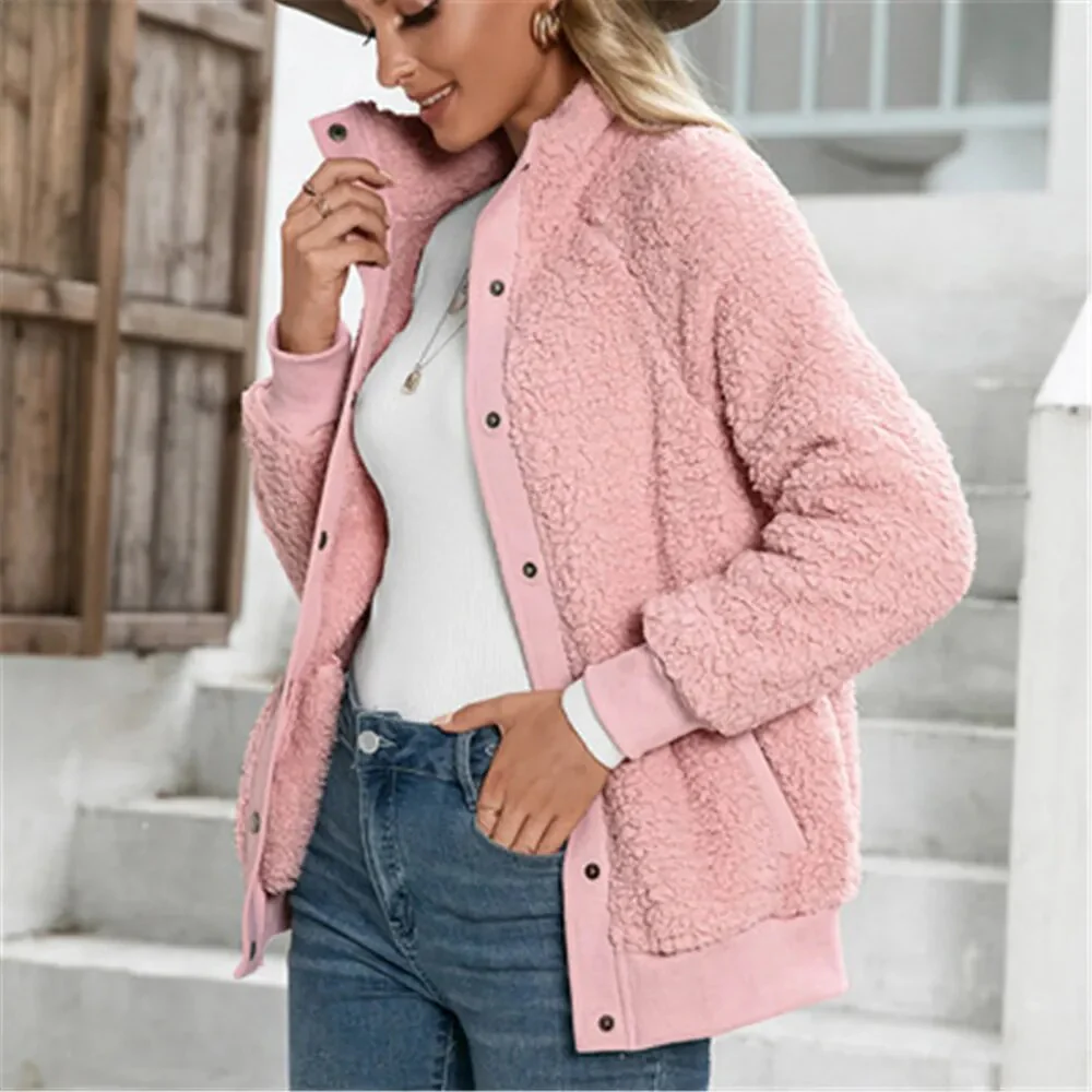 New White Winter Women Teddy Bear Coat Stand Collar Loose Plush Jacket Zipper Solid Warm Outwear Faux Lamb Coats - Image 4