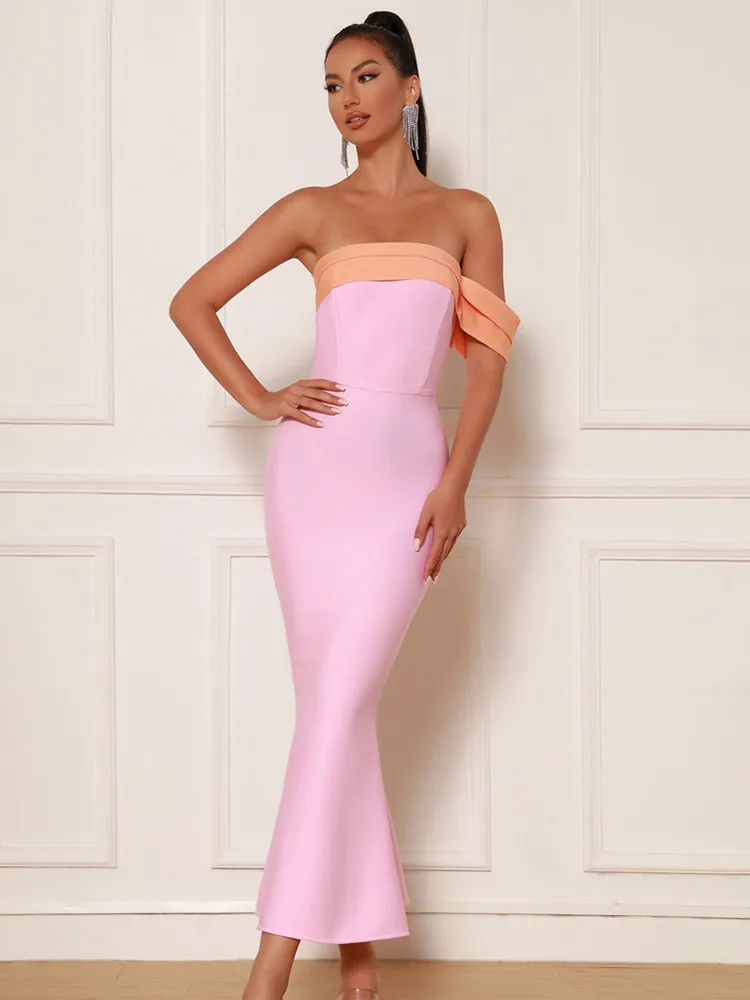 New Women Summer Sexy Off Shoulder Patchwork Pink Mermaid Ankle Length Bandage Dress 2023 Elegant Evening Celebrity Party Dress - Image 2