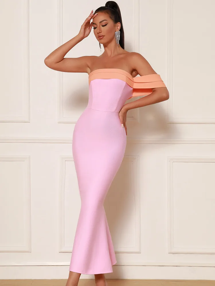 New Women Summer Sexy Off Shoulder Patchwork Pink Mermaid Ankle Length Bandage Dress 2023 Elegant Evening Celebrity Party Dress - Image 3