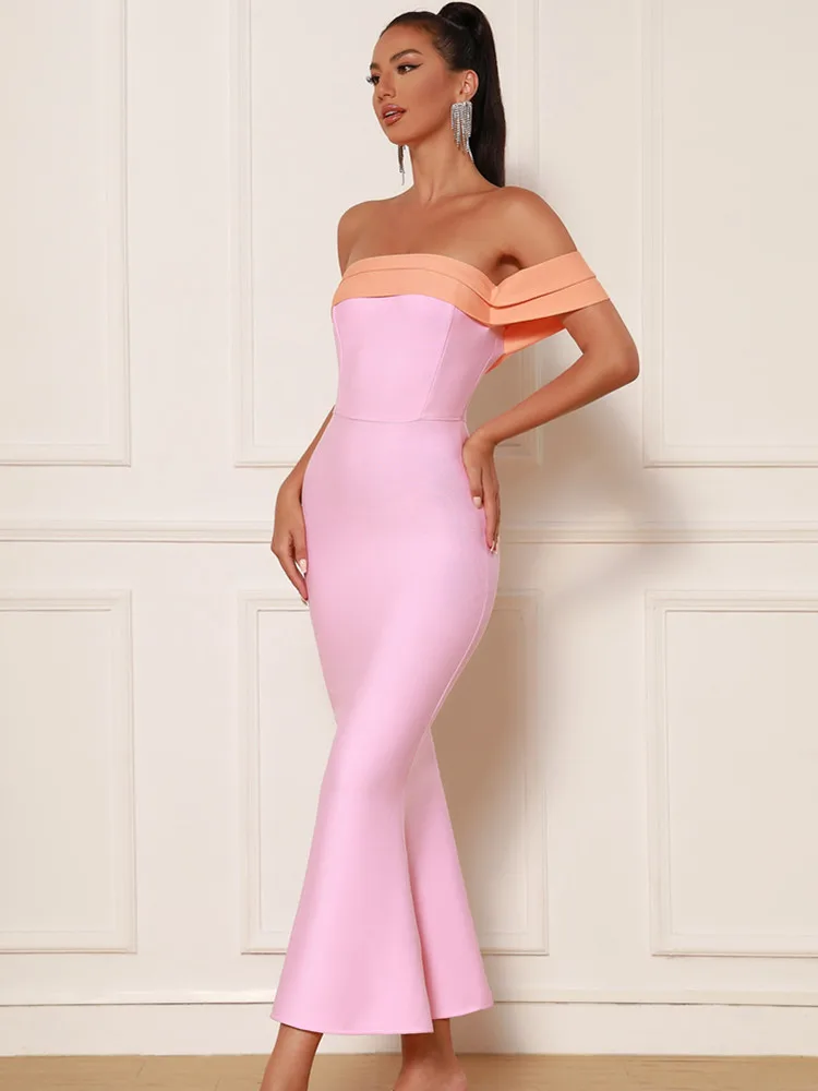 New Women Summer Sexy Off Shoulder Patchwork Pink Mermaid Ankle Length Bandage Dress 2023 Elegant Evening Celebrity Party Dress - Image 4