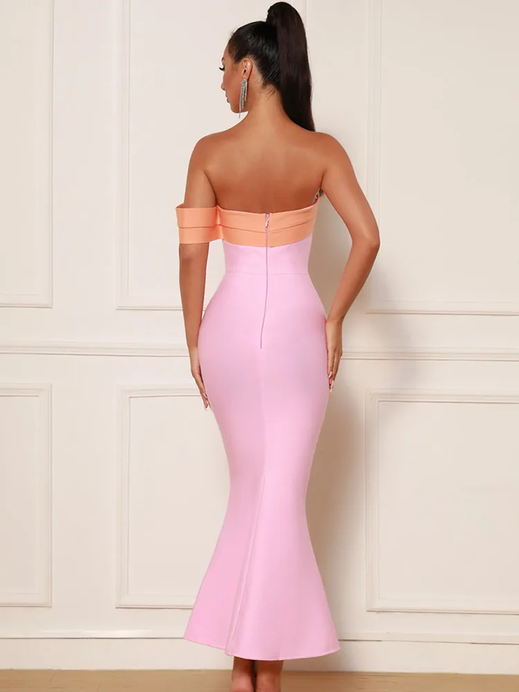 New Women Summer Sexy Off Shoulder Patchwork Pink Mermaid Ankle Length Bandage Dress 2023 Elegant Evening Celebrity Party Dress - Image 5