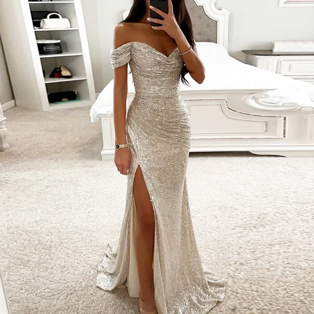 New Women Vintage Sequined V Neck Off Shoulder Slim Sexy Split Long Dress Evening Party Maxi Dresses Party Sequin Dress - Image 3