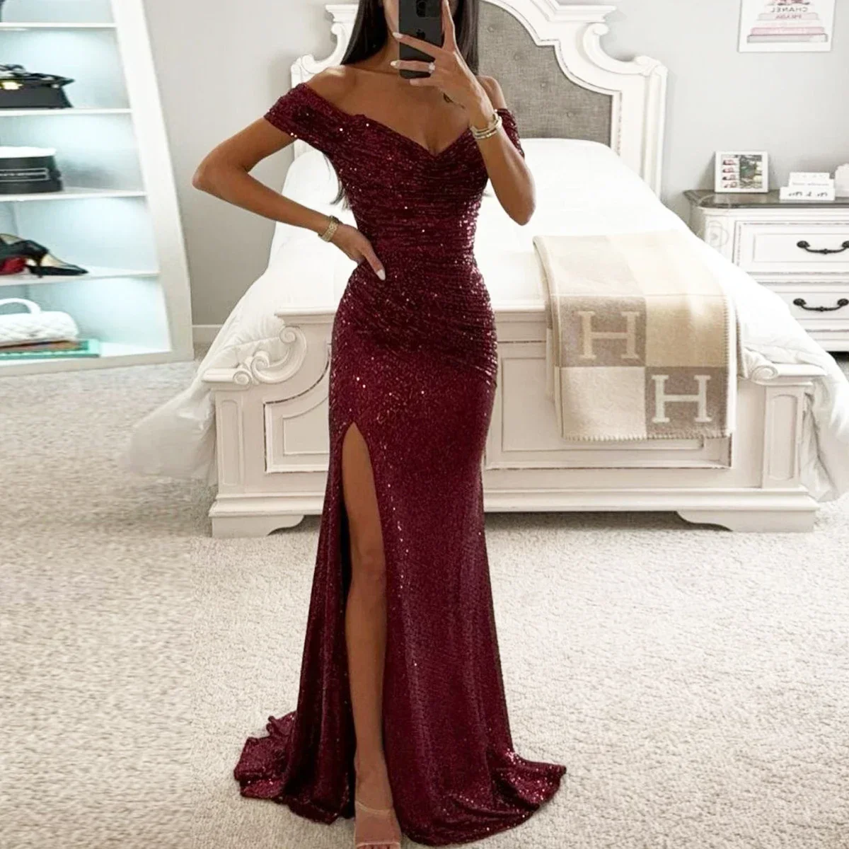 New Women Vintage Sequined V Neck Off Shoulder Slim Sexy Split Long Dress Evening Party Maxi Dresses Party Sequin Dress - Image 4