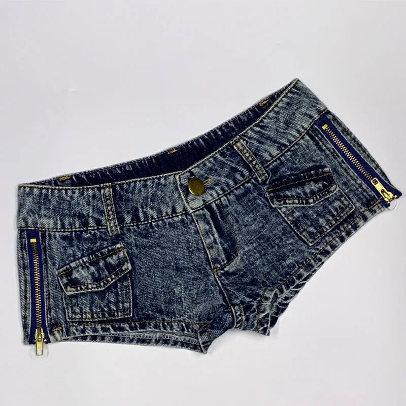 New Women's Ultra Shorts Retro Ripped Low Waist Thong Denim Side Zipper Mini Short Female Jeans Feminino Nightclub - Image 2