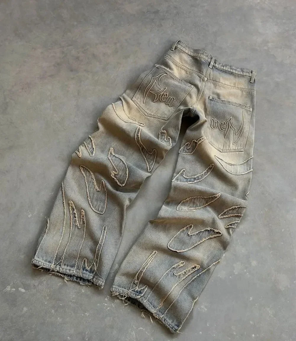New Y2K Harajuku Retro Graphic Patch Jeans Hip Hop Gothic Raw Edge Embroidery Black Baggy Jeans Wide Leg Denim Pants Mens Womens - Image 11