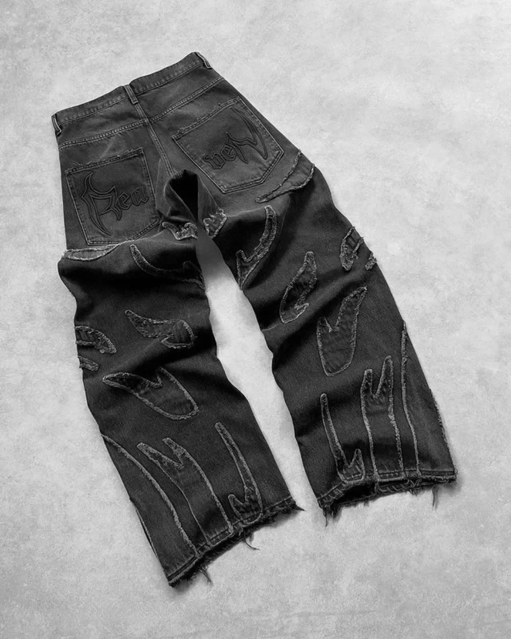 New Y2K Harajuku Retro Graphic Patch Jeans Hip Hop Gothic Raw Edge Embroidery Black Baggy Jeans Wide Leg Denim Pants Mens Womens - Image 9