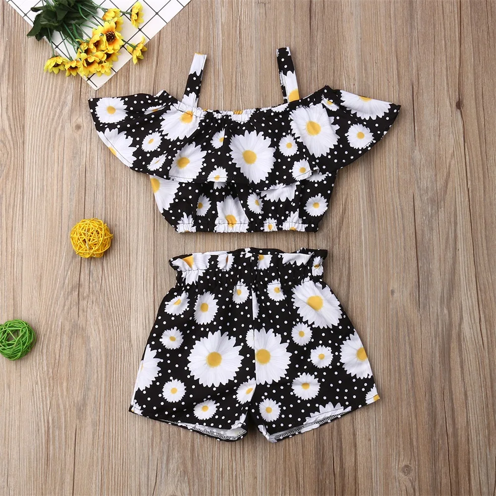 Newest Fashion Summer Toddler Baby Girl Clothes Off Shoulder Ruffle Sling Crop Tops Short Pants 2Pcs Outfits Clothes - Image 6