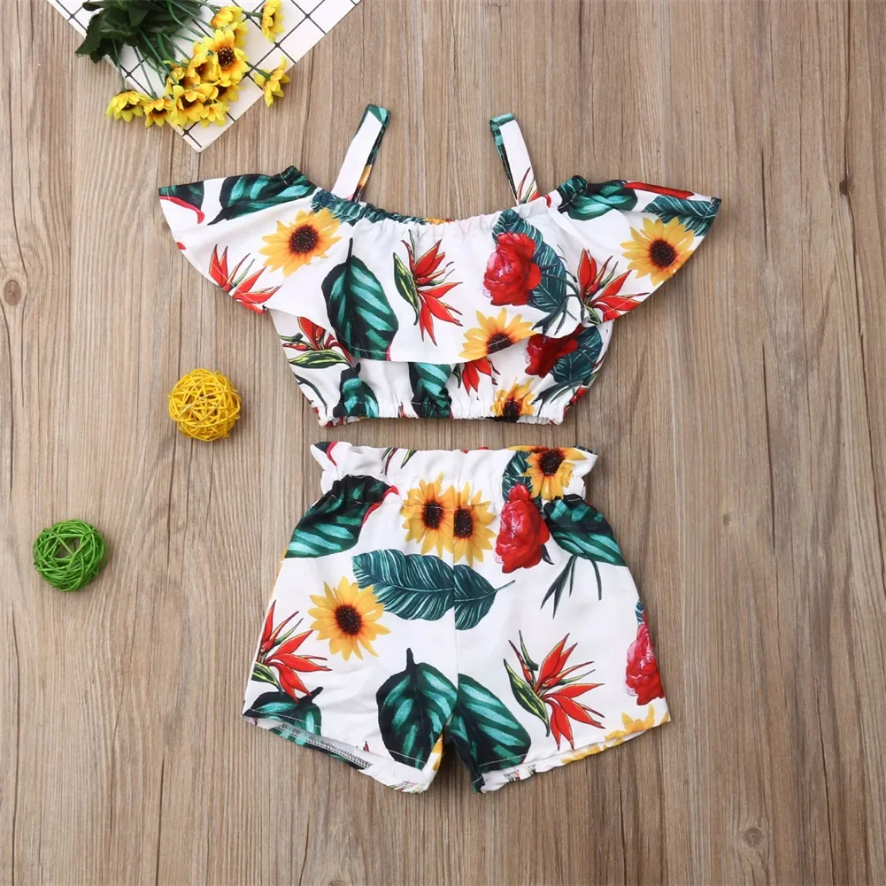 Newest Fashion Summer Toddler Baby Girl Clothes Off Shoulder Ruffle Sling Crop Tops Short Pants 2Pcs Outfits Clothes - Image 7