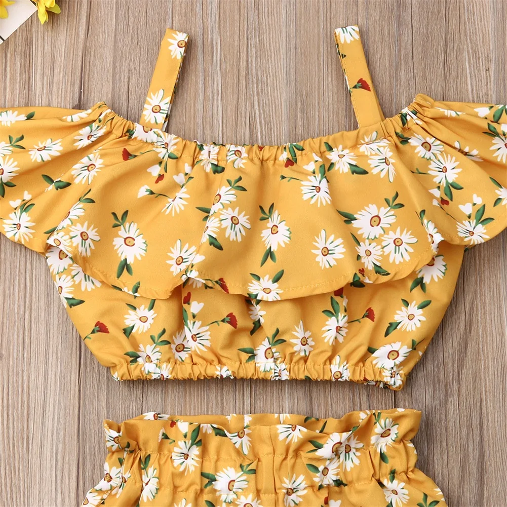 Newest Fashion Summer Toddler Baby Girl Clothes Off Shoulder Ruffle Sling Crop Tops Short Pants 2Pcs Outfits Clothes - Image 8