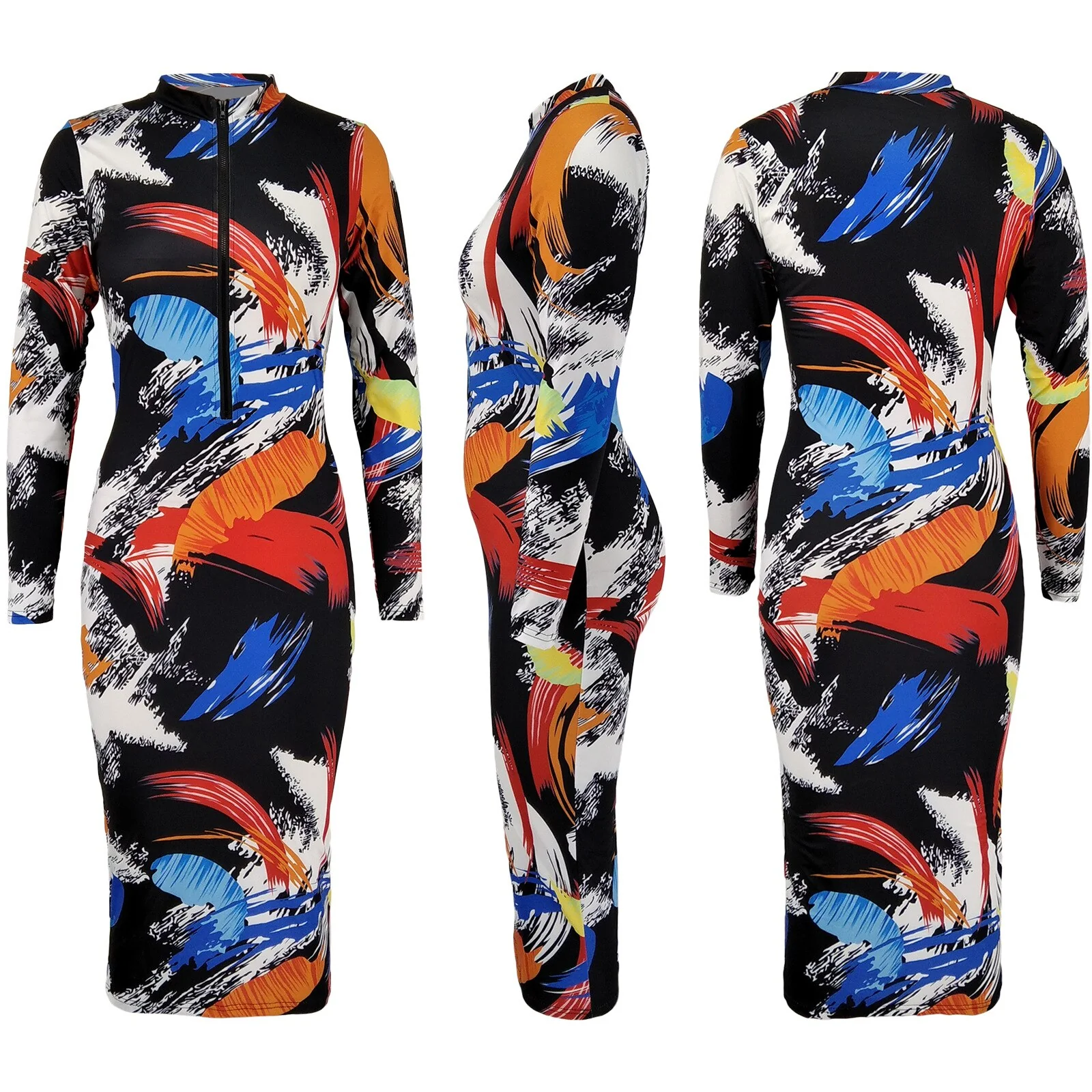 Newest Modern Women Girl Dresses Formal Fit Slim Printed Fashion Zipper Neck Long Sleeves Party Prom Gowns In Stock - Image 4