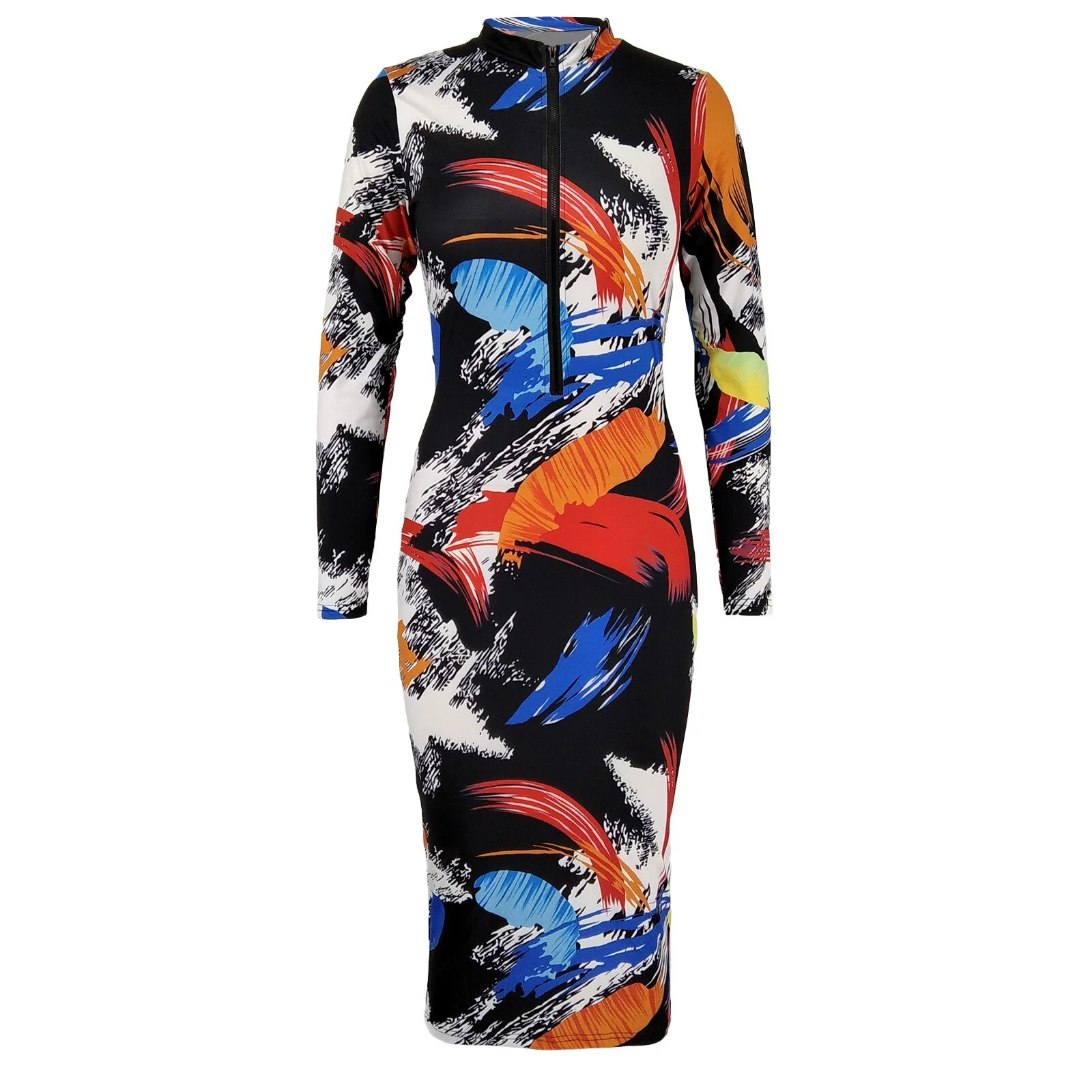 Newest Modern Women Girl Dresses Formal Fit Slim Printed Fashion Zipper Neck Long Sleeves Party Prom Gowns In Stock - Image 5