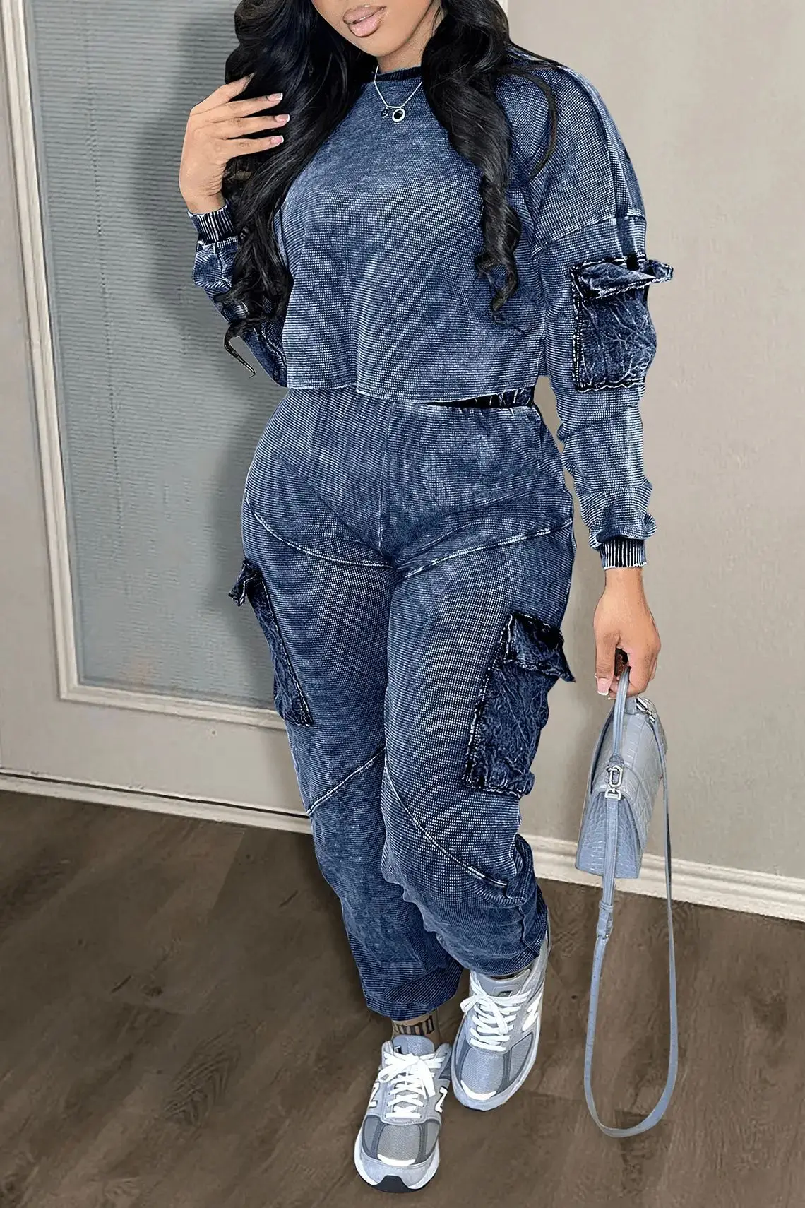 Newest Style Casual Pocket Pullover Long Sleeve Dark Gray Pants Suit Two Pieces Set - Image 3