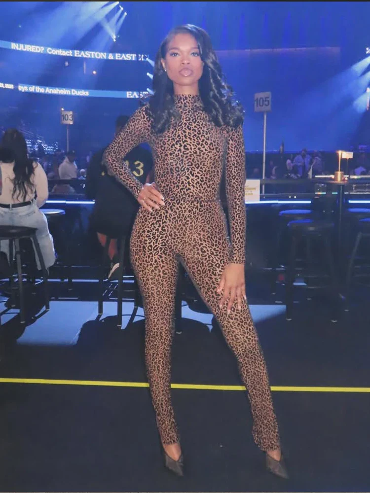 Nibber See Through Sexy Leopard Mesh Jumpsuit Women Sexy Hipster Zip Stretch Midnight Workout Autumn Fitness Street Overalls - Image 5
