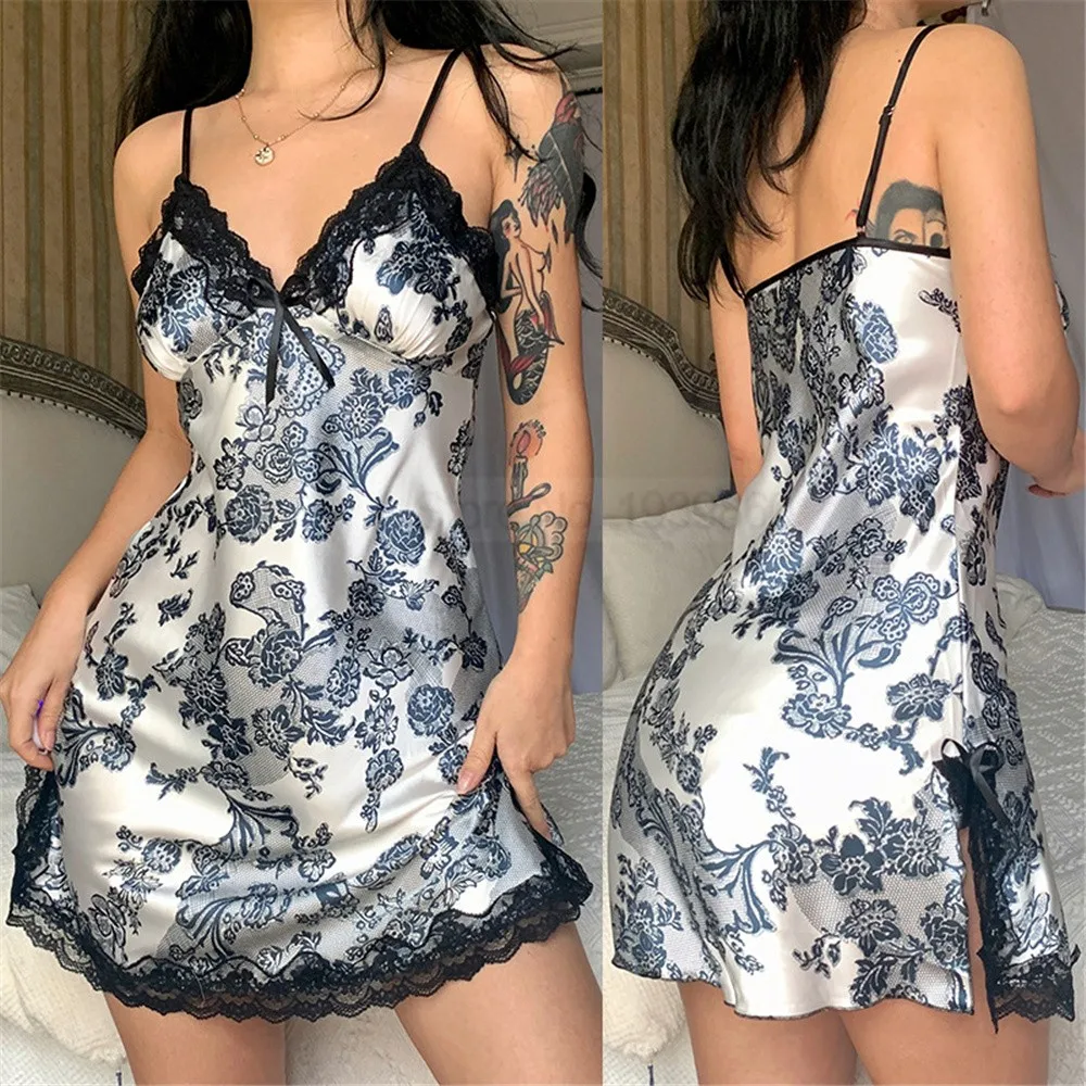 Nightgown Satin Lady Sleep Dress Lace Patchwork Lingerie Chemise Nightdress V-Neck Spaghetti Strap Sleepwear With Bow Nightwear - Image 2