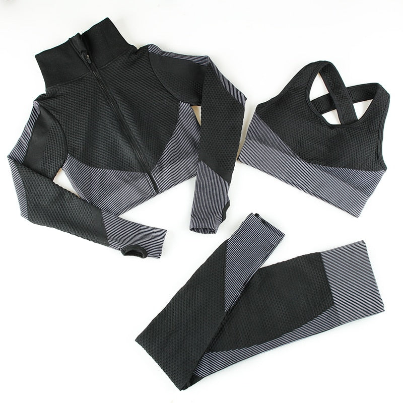 Seamless Women Gym Set Yoga Set 2/3 Pieces Set Zipper Long Sleeve ShirtsHigh Wait Leggings Sport Clothes Sport Suit - Image 14