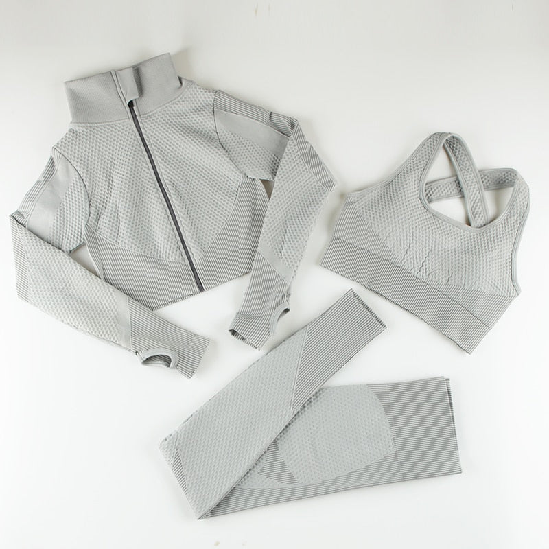 Seamless Women Gym Set Yoga Set 2/3 Pieces Set Zipper Long Sleeve ShirtsHigh Wait Leggings Sport Clothes Sport Suit - Image 16