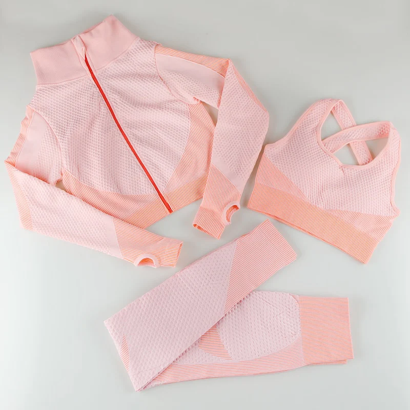 Seamless Women Gym Set Yoga Set 2/3 Pieces Set Zipper Long Sleeve ShirtsHigh Wait Leggings Sport Clothes Sport Suit - Image 4