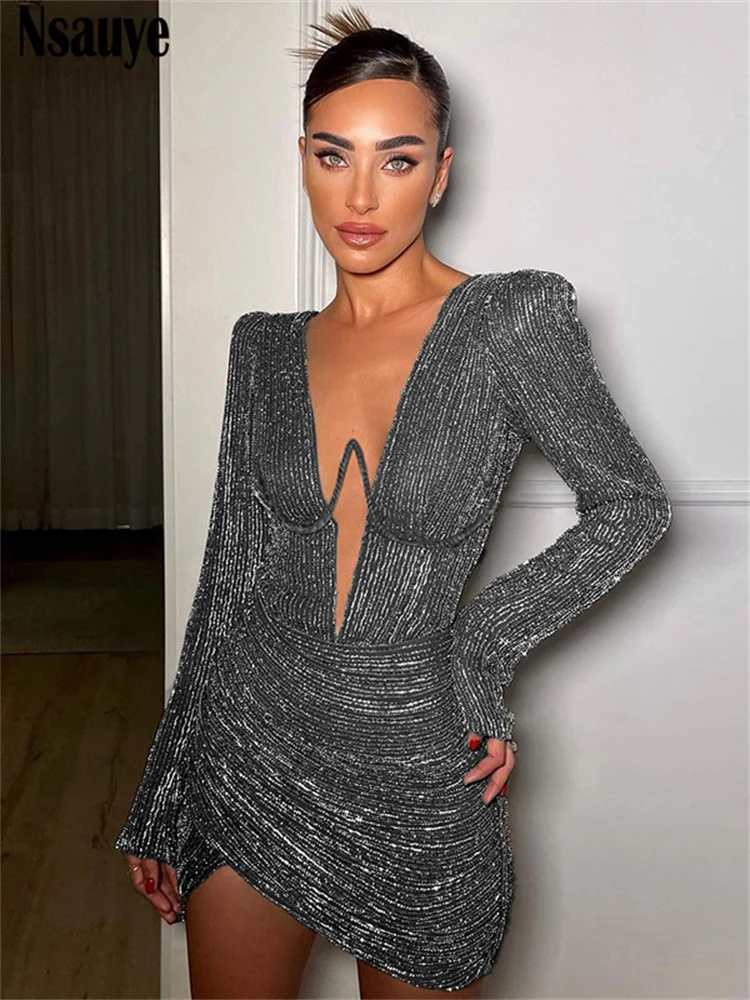 Nsauye Long Sleeve Dress Women Fashion Elegant Low Cut Sexy Mini Dresses Ladies 2022 Autumn Evening Party Club White Dress - Image 4