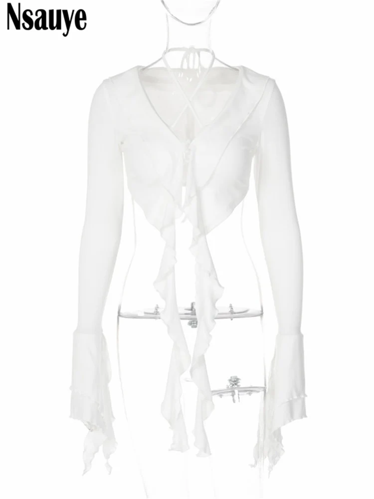 Nsauye Sexy Women Ruffles Long Sleeve Club Halter Y2K Blouse T Shirt Outfits Party Autumn 2022 Slim Mini Tees T Shirt Crop Tops - Image 6