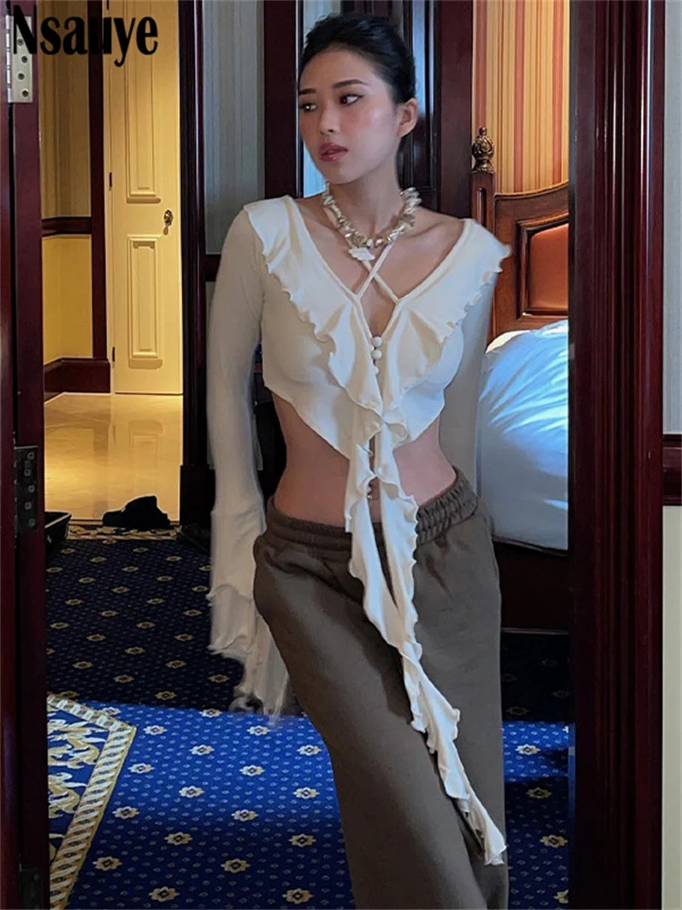 Nsauye Sexy Women Ruffles Long Sleeve Club Halter Y2K Blouse T Shirt Outfits Party Autumn 2022 Slim Mini Tees T Shirt Crop Tops - Image 8
