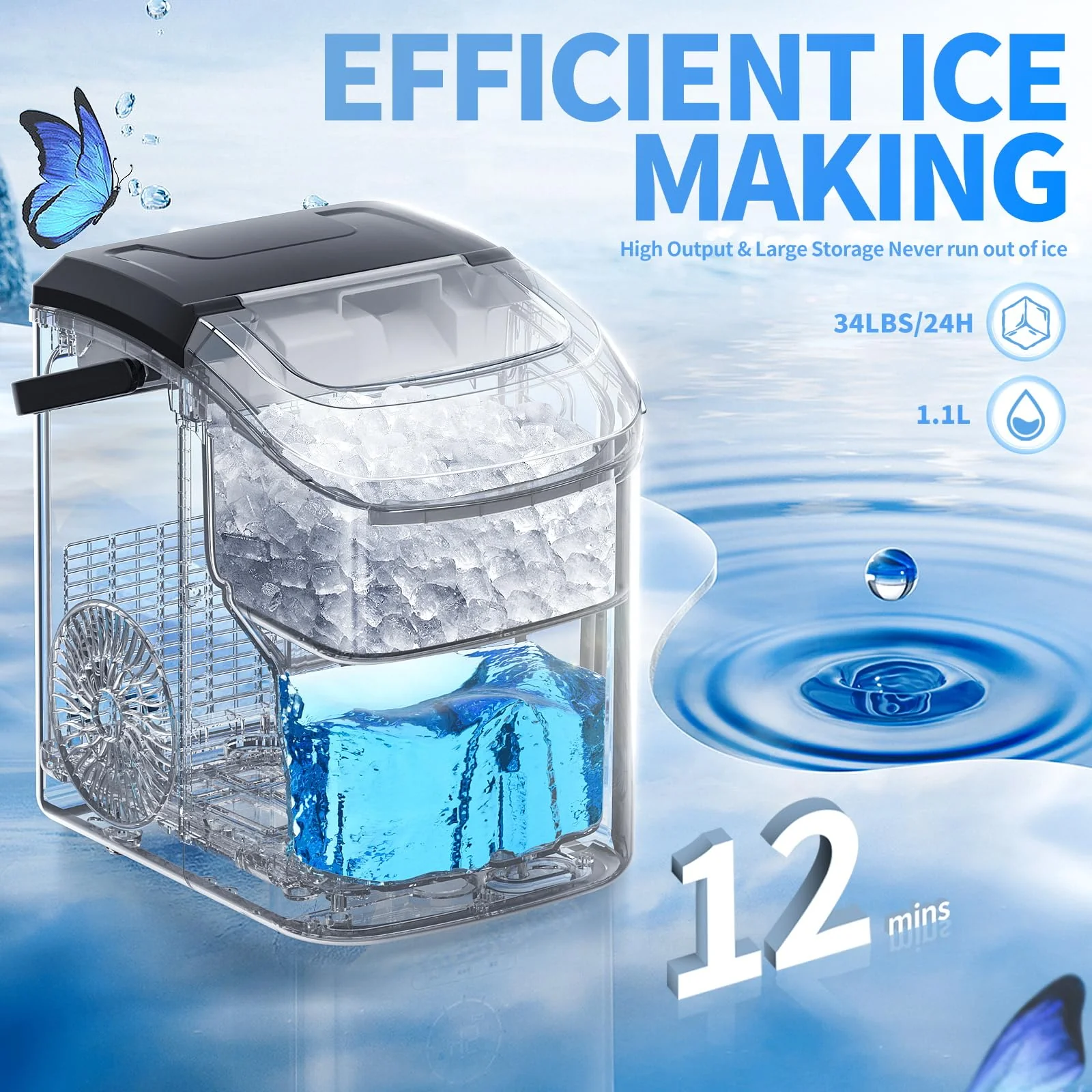Nugget Countertop Ice Maker with Soft Chewable Ice, 34Lbs/24H, Pebble Portable Ice Machine with Ice Scoop, Self-Cleaning, One-Click Operation, for Kitchen,Office Stainless Steel Silver - Image 8