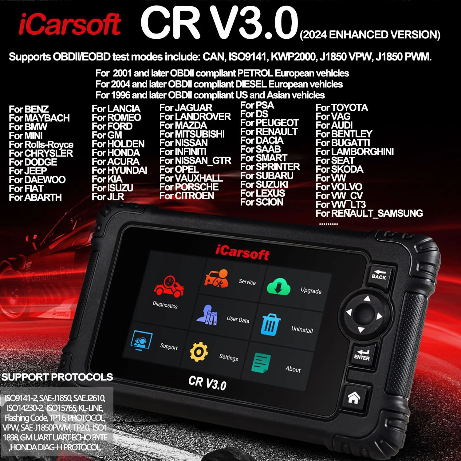 OBD2 Scanner Diagnostic Tool, iCarsoft CR V3.0 Bidirectional Vehicle Scan Tool Full ECU Diagnosis, Active Test, All System, 23+ Resets/Relearn; Code Readers Scan Tool, Auto VIN, (2024 NEW)-Free Update - Image 3
