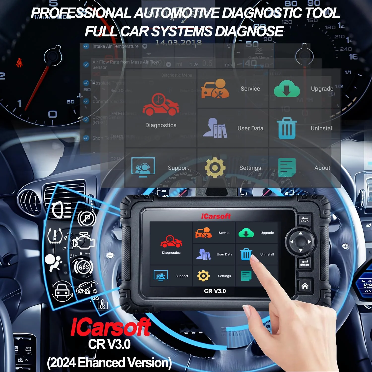 OBD2 Scanner Diagnostic Tool, iCarsoft CR V3.0 Bidirectional Vehicle Scan Tool Full ECU Diagnosis, Active Test, All System, 23+ Resets/Relearn; Code Readers Scan Tool, Auto VIN, (2024 NEW)-Free Update - Image 9