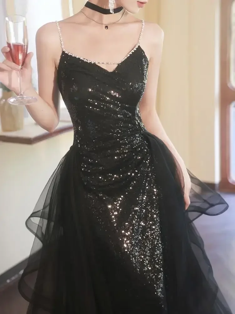 Ofallsis Black Sequins Mesh Stitching Banquet Evening Dress 2024 Summer New High Grade Art Exam Performance Sling Party Dresses - Image 3