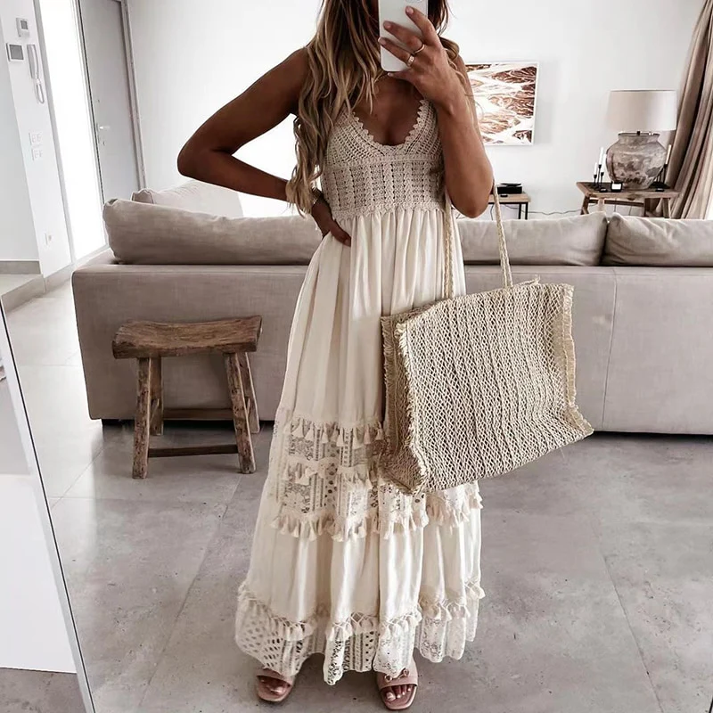Off Shoulder Lace Patchwork Elegant Dress Women Summer 2023 V Neck Spaghetti Strap Dress Female New Fashion Solid Party Dresses - Image 6