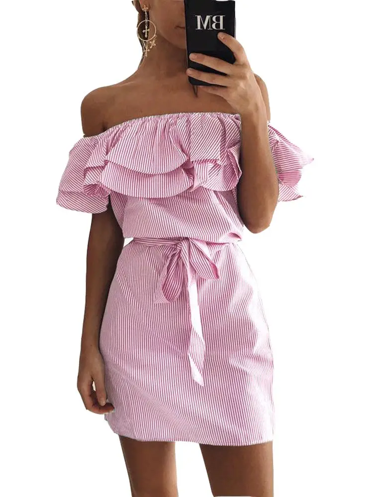 Off Shoulder Strapless Striped Ruffles Dress Women 2023 Summer Sundresses Beach Casual Shirt Short Mini Party Dresses Robe Femme - Image 4