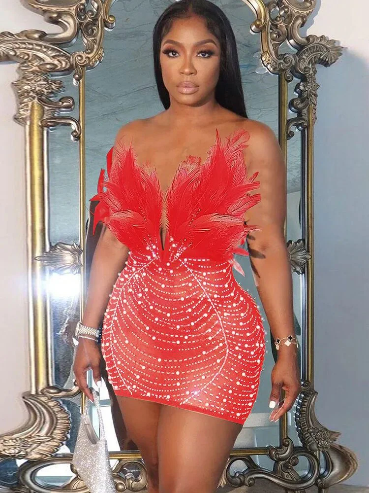 Off The Shoulder Mesh Rhinestone Beaded Feather Prom Corset Dress See Through Night Club Evening Wedding Party Sexy Mini Dresses - Image 10