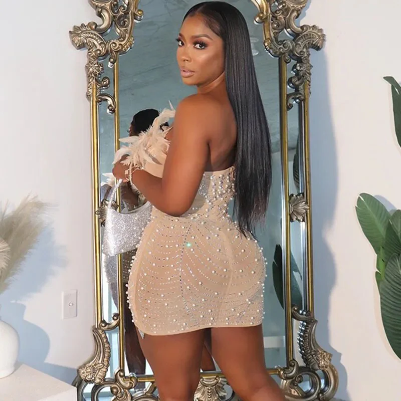 Off The Shoulder Mesh Rhinestone Beaded Feather Prom Corset Dress See Through Night Club Evening Wedding Party Sexy Mini Dresses - Image 4