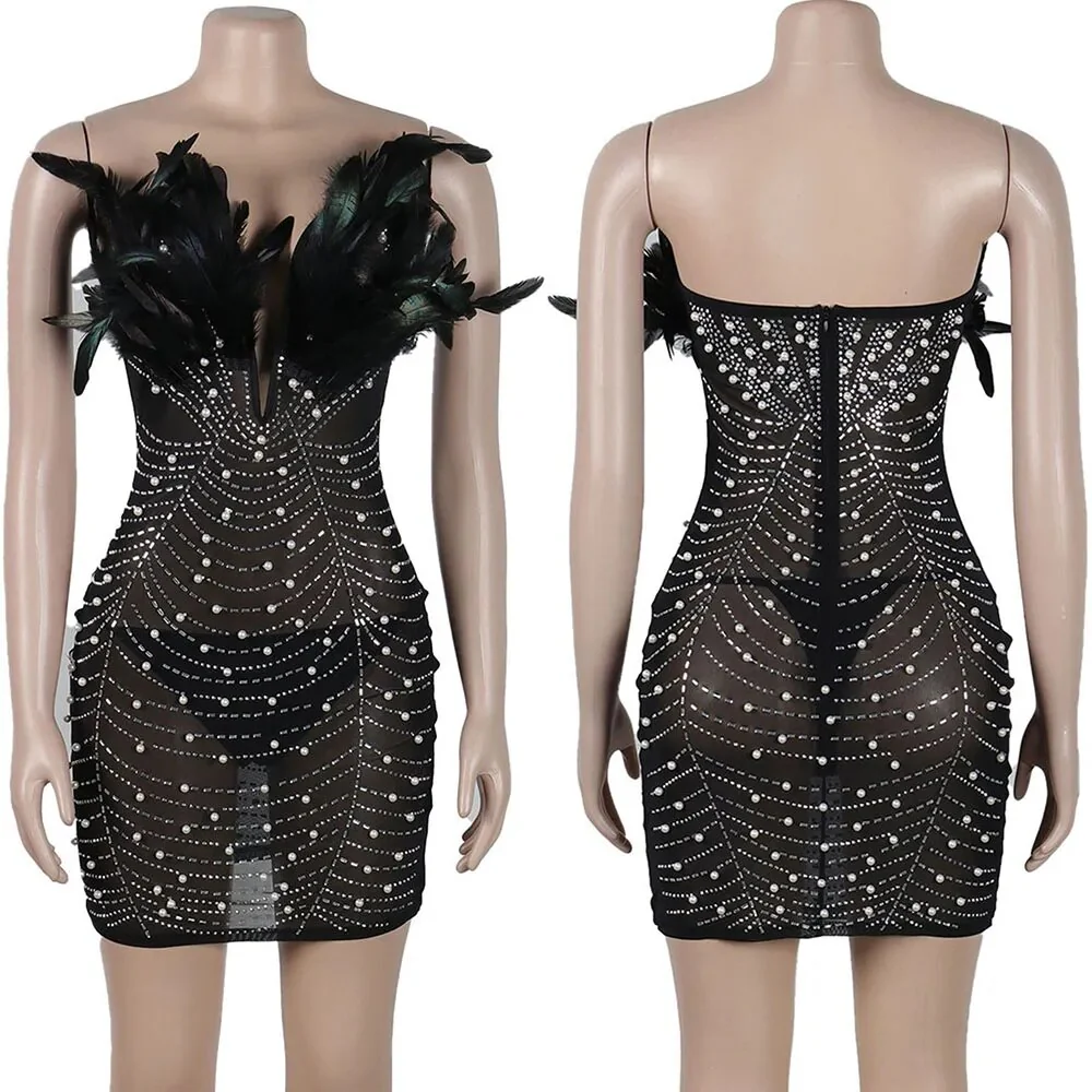 Off The Shoulder Mesh Rhinestone Beaded Feather Prom Corset Dress See Through Night Club Evening Wedding Party Sexy Mini Dresses - Image 5